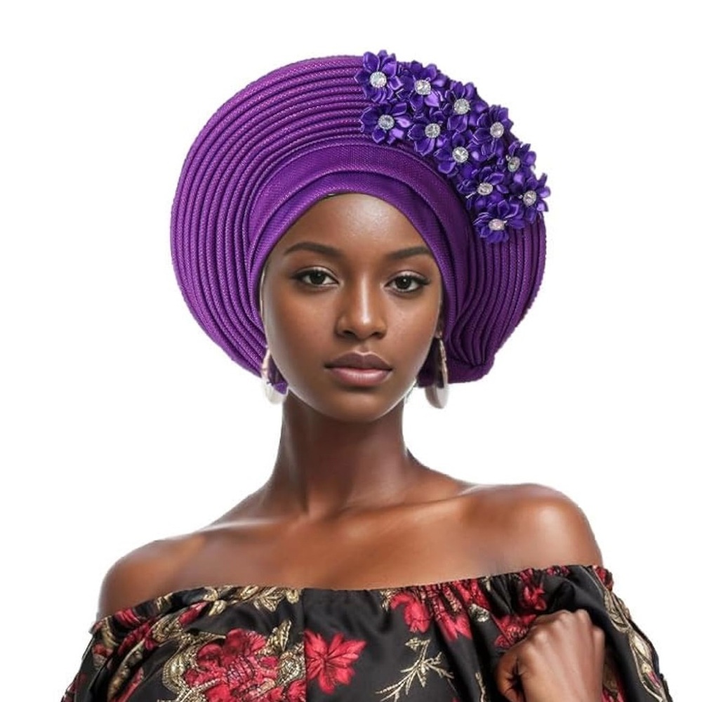 Source Unknown Purple Floral Embellished Gele Headwrap